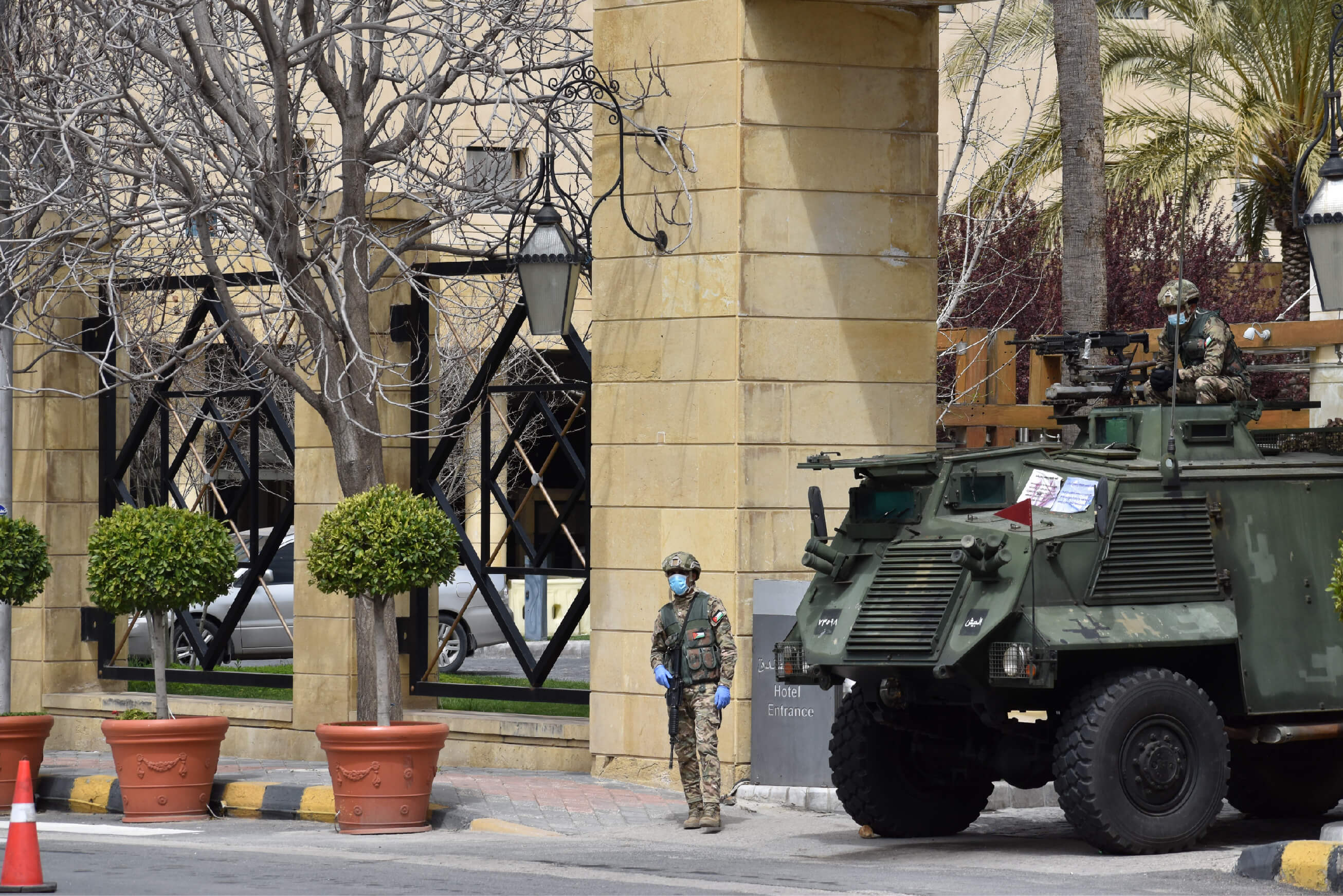 Soldiers outside a hotel in Amman, Jordan. The country is currently under strict curfew enforced by the military to combat coronavirus